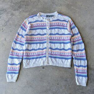 Vintage Liz Wear Blue White Crochet Knit Stripe Long Sleeve Cardigan Sweater